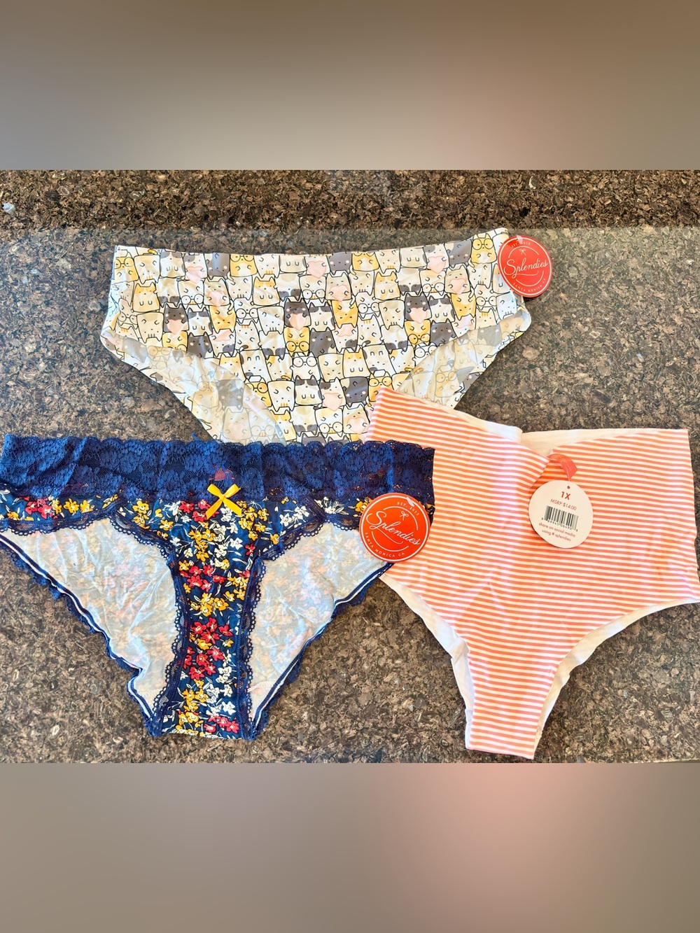 🆕NWT Splendies Set - Navy Lace Floral, Coral Striped, and Cats! (3-Pack)